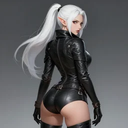 backveiw picture of elf rogue, female, white skin, ponytails, alluring, skintight leather clothes, curves, short coat, face details, extremely detailed, smooth, sharp focus, digital illustration, by artgerm, rossdraws, sakimichan