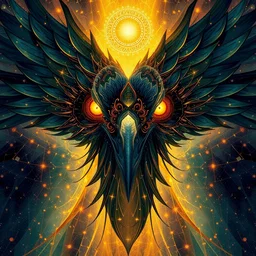 golden astral crow yvonne mcgillivray by mandy jurgens by michael divine, powerful eyes glowing highly detailed painting, spiritual abstract forms, symmetrical, trending on art station, abstract emotional, very beautiful, fantasy digital art, highly detailed patterned visionary art, magic symbols, by michael divine, cosmic nebula