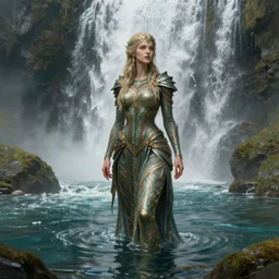 a full body portrait of a beautiful post apocalyptic offworld nordic biofarmer swimming by the waterfalls, intricate, elegant, highly detailed, digital painting, artstation, concept art, smooth, sharp focus, illustration, art by krenz cushart and artem demura and alphonse mucha
