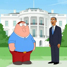 peter griffin in the white house with obama in the style of family guy