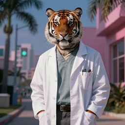 A tiger in a lab coat with a 1980s Miami vibe, digital art
