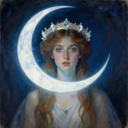 Artemixel, the modern reincarnation of the old selenium god of hunt, also known as Artemis the Selene, carrying the celebrated Crown of the Crescent Moon, wich its usual bright and slightly bluish crescent like the brightness of the night. Portrait by Odilon Redon and Claude Monet, oil on canvas
