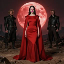 Attractive pink lips red eyes, Classy Dressed Overseer , They have long red robes that touch the dirt of the floor, Apocalyptic Red moon in the morning, masterpiece by Edgar Maxence and Ross Tran and Michael Whelan, gustav dore, 8k, octane render