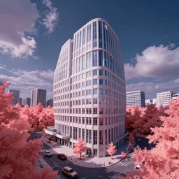 a beautiful ultradetailed rendering of city building manor by ludwig mies van der rohe, infrared studio ghibli vaporwave thermal vision fisheye apocalyptic forest at dusk, archdaily, wallpaper, highly detailed, trending on artstation.