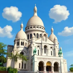 basilica sacre coeur, hanging spanish moss, cel shaded cartoon, curled blue sky fluffy curled clouds, smoke shaped clouds, from lorax movie, by studio ghibli