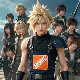 portrait of cloud strife final fantasy 7 remake wearing a home depot smock highly detailed, in no game no life, stephen bliss, 8 k, unreal engine, fantasy art by greg rutkowski, loish, rhads, ferdinand knab, makoto shinkai and lois van baarle, ilya kuvshinov, rossdraws, tom bagshaw, global illumination, radiant light