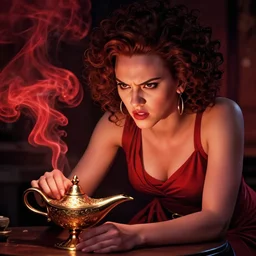 angry scarlett johansson as a genie, red smoke coming from lamp, afro samurai anime style, dramatic lighting