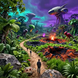 rocky ground with a dirt path, dense foliage, scorched earth, big craters from explosives, and grass surrounding it, xenorphs part of the ground, organic alien ships attack the ground from the sky, john howe, liam wong, highly detailed, vibrant and vivid, giger, purple, aquamarine, hunter green, crimson, sentient ai's wandering the landscape, contrast, bright lights,