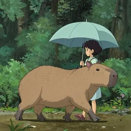 a girl holding an umbrella with her large pet capybara walking through the forest, raining, side view, shot from the side, art by hayao miyazaki, studio ghibli film, 4k, hi res, high detail