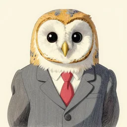 anthropomorphic barn owl wearing a suit by Studio Ghibli,pencil art by Studio Ghibli,colored by Studio Ghibli,symetric face and body