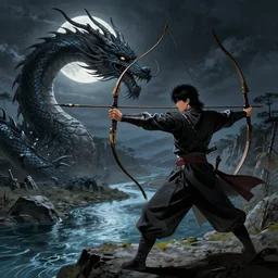korean archer fighting a dragon. the moon is in the sky. there is a river between the dragon and the archer. dark fantasy. high resolution. detailed. digital art. dark fantasy. kentaro miura.