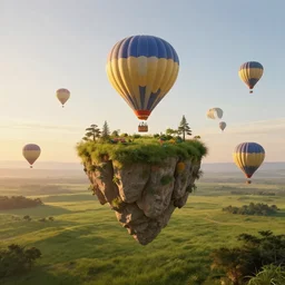 symmetry!! freefall, surreal landscape, grassland, floating island, hot air balloons, golden hour, very detailed, perfect composition, perfect lighting, 4 k, trending on artstation, greg rutkowski, derek zabrocki, artgerm, 3 d render, octane render