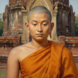 smart sri lanka buddhist monk, closeup portrait, without eyebrows, historical hero, ethnic group, tai costume, background is sukhothai temple, intricate, elegant, loin cloth, highly detailed, oil painting, artstation, concept art, matte, sharp focus, illustration, hearthstone, art by earl norem