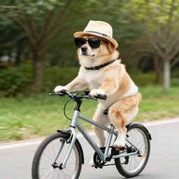 a dog in a hat and sunglasses riding a bike