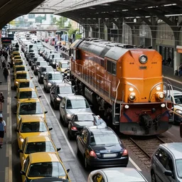 traffic jam, train station, locomotive, public transport, delays, chaos, photograph, highly detailed