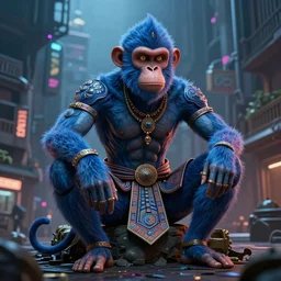 high quality 3 d render stylized mischievous cyborg muscular man monkey blue hybrid sitting, madhubani, highly detailed, cyberpunk!! mumbai in the background, unreal engine cinematic smooth, szukalski, moody light, low angle, uhd 8 k, sharp focus