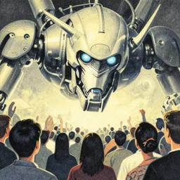 a close - up grainy, risograph painting, hyper light drigter, a big mech droid head floating above the people, eden's world, style by moebius and kim jung gi