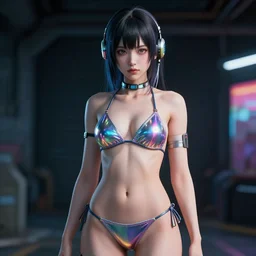 portrait of a anime cyberpunk girl in bikini, octane render, deviantart, cinematic, key art, hyperrealism, iridescent accents, portrait photograph, nikon 3 5 mm, photograph by greg rutkowski