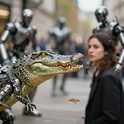 closeup profile photo of crocodile humanoid metal robots taking over london, nicoletta ceccoli, mark ryden, lostfish, photography 4 k, f 1. 8 anamorphic, bokeh, 4 k, canon, nikon
