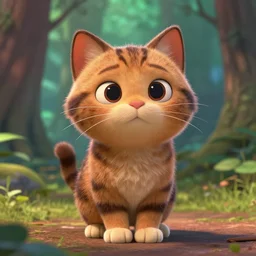 pixar movie, brown tabby cat, 3 d, pixar _ tabby _ cat in a forest