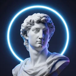a perfect neon circle surrounding the head of a renaissance statue, 3 d render