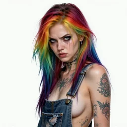 attractive grungy woman with rainbow hair, drunk, angry, soft eyes and narrow chin, dainty figure, long hair straight down, torn overalls, basic white background, tattoos, piercings, side boob, wet shirt, wet, raining, highly detailed face, realistic face, beautiful detailed eyes, fantasy art, in the style of greg rutkowski, illustration, epic, fantasy, intricate, hyper detailed, artstation, concept art, smooth, sharp focus, ray tracing, vibrant,