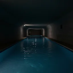an endless dimly lit tunnel, filled with water like a swimming pool, dark and extremely moody, liminal space