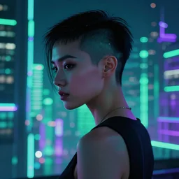 cyberpunk city with a woman with a side head shave. city lights of aqua, green, and purple neon lighting, reflections