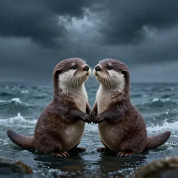 two adorable otters falling in love holding hands side by side, all alone in the middle of a scary storm at sea, fantasy illustration, cinematic, award winning, romantic, detailed trending on artstation, masterpiece