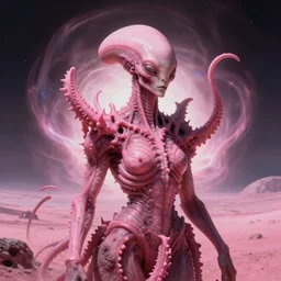 surreal portrait of abandoned ribbed pink alien queen covered with spinal spiky pink tentacles, in wastelands on pink exoplanet, iredescent soft glow bloom effect, dream - like, baroque portrait painting, perfect composition, beautiful detailed intricate octane render, artstation, 8 k, photorealistic, volumetric cinematic light, chiaroscuro, masterpiece, raphael, caravaggio, beksinski, giger