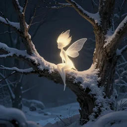 glowing pixie perched on snowy tree, artstation winter fantasy, dark fantasy, winter landscapes, dramatic lighting