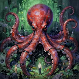robotic cyberpunk octopus by miyazaki, green purple red color palette, symmetrical illustration, kenneth blom, mental alchemy, james jean, pablo amaringo, naudline pierre, contemporary art, hyper detailed