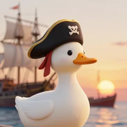 a duck wearing a pirate hat looking at the sunset from a pirate ship