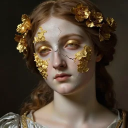 hyperrealism close - up mythological portrait of a medieval woman's shattered face partially made of golden color flowers in style of classicism, pale skin, wearing silver dress, dark and dull palette