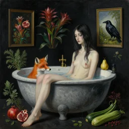 realistic painting of a witchy female artist's bath, black dripping walls, tall emo girl, stone cauldron, a fox, a pear, paintings on black walls, pomegranate, bromeliads, herbs, raven, courgettes, berries, zen, sensual, surrealist painting by magritte and rousseau