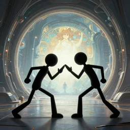 2 stickman figures, fighting each other, wide view, portal to a futuristic scifi world, extremely detailed, sharp focus, wide view, full body shot, smooth, digital illustration, by, james jean, by rossdraws, frank franzzeta, sakimichan, mcbess, aphonse mucha