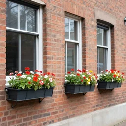 wide closeup shot of windows with a flower boxes along a brick wall by ricardo bofil