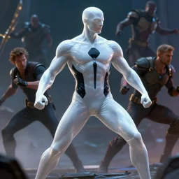 translucent realistic slim muscular male light armor suit tight clothes superhero in battle, white and black, fantasy digital art, vivid color style artstation, style greg rutkowski and frank frazetta and mucha and richard corben, octane render, unreal engine 6, epic game graphics, fantasy, conceptual art, ray tracing
