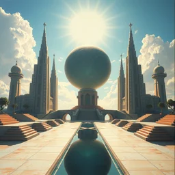 a futuristic temples with a giant sphere and bright sun rays symmetric oil painting trending on artstation