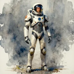 male, full body, establishing shot, modern space suit, intriguing helmet, very stylized character design, the expanse tv series, large shoulders, short torso, long thin legs, tiny feet, science fiction, hyperdetailed, technical suit, dieselpunk, watercolor digital painting, in the style of mike mignola, by alex maleev