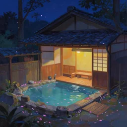 painting of night time intimate empty traditional onsen by small inn floating petals by artgerm mullins rutkowski pixar traditional japanese architecture concept art fantasy octane raytracing vivid color perfectionism indirect light artstation