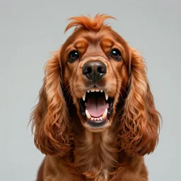 orange haired cocker spaniel, disturbing, horror, big teeth