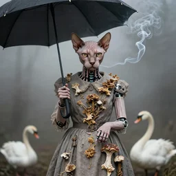photographic portrait of sad max ernst distinguished woman wrinkly hairless cat robotic dried melting floral fungus with spiraling cigarette smoke, wearing a dress, holding an umbrella and a swan, in fog, editorial