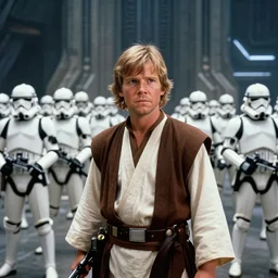 screenshot of the epic scene featuring Luke Skywalker leading his class of jedi padawans against a fleet of sithtroopers, iconic scene from 1980s film by Stanley Kubrick, 4k, cinematic still frame, surreal sci fi architecture, photoreal, detailed face, moody lighting, stunning cinematography, hyper detailed, sharp, anamorphic lenses, kodak color film stock