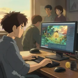 angry realistic jessica soho trading bitcoin in front of computer, game design, golden hours, cory loftis, james gilleard, atey ghailan, makoto shinkai, goro fujita, studio ghibli, rim light, exquisite lighting, clear focus, very coherent, soft painting