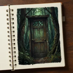 a painting of a binder notebook that serves as a door in the woods, detailed digital art, trending on artstation, eerie thriller aesthetic!,