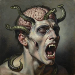 an oil on canvas painting of a screaming decapitated man's partially decomposing face with biting serpents swarming out of his exposed brain, a surrealist painting, polycount, surrealism, surrealist, lovecraftian, cosmic horror