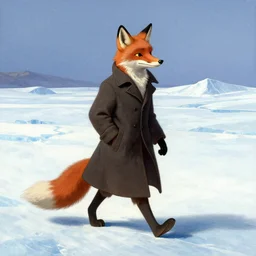 an anthropomorphic fox man wearing a long coat walking across a glacier, character illustration by greg rutkowski, thomas kinkade, Aaron Miller, Howard Pyle, disney, El Greco, Cynthia Sheppard