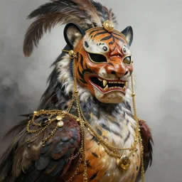 masterful fantastic realist painting an exotic ancient feathered and bejeweled bird wearing an exquisite and fiercely painted bugaku mask of a tiger, gold chains strung like tinsel, digital painting trending on artstation, viciously blinded, volumetric lighting and mist, cosplay, portrait painting, hyperrealistic, octane render