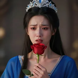 detailed upper portrait of a goddess with face in distress holding a red rose, wearing a blue robe, with a glass tiara with diamonds on her head, overly expressive, octane render, unreal engine